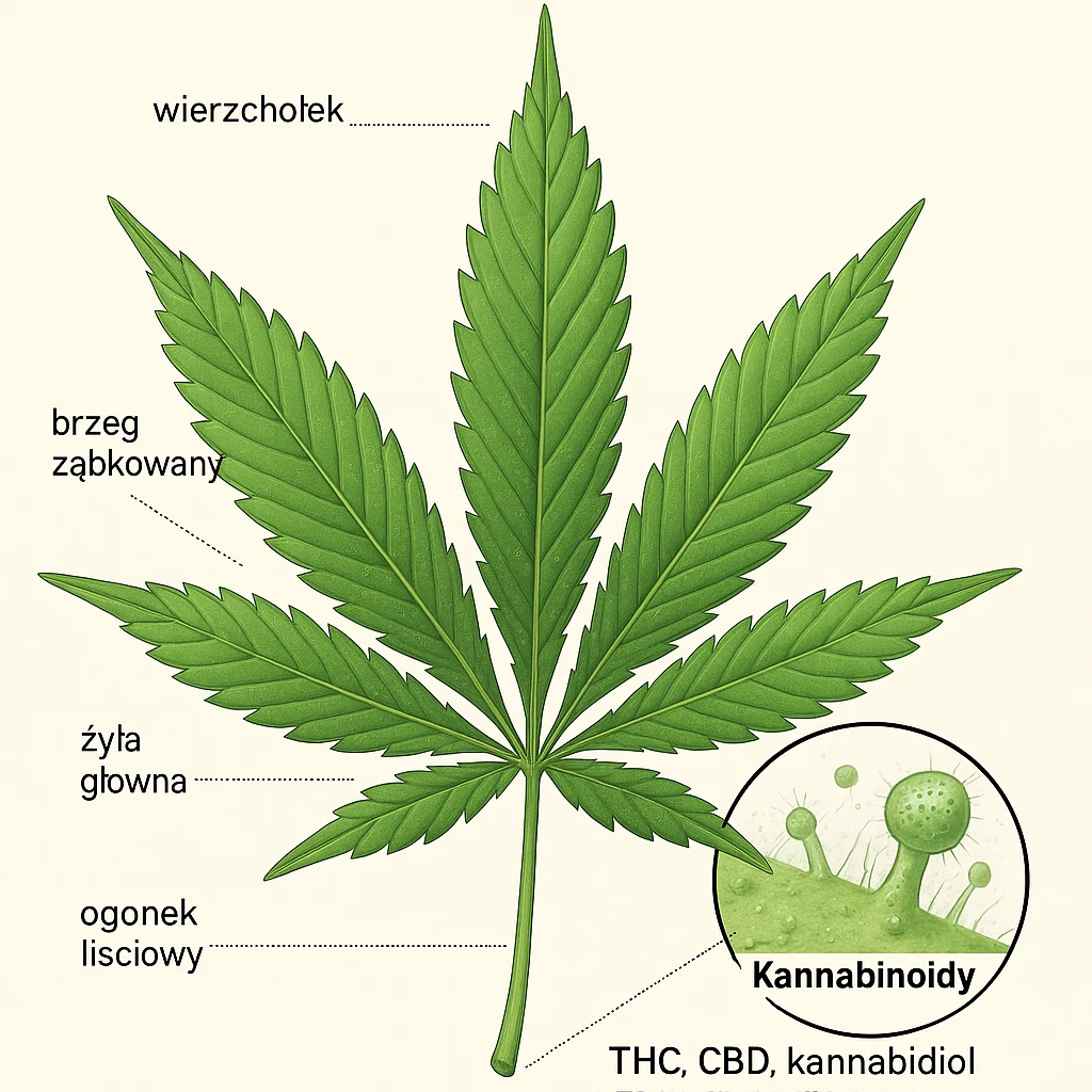 Budowa liścia marihuany – anatomia konopi i lokalizacja kannabinoidów (THC, CBD)